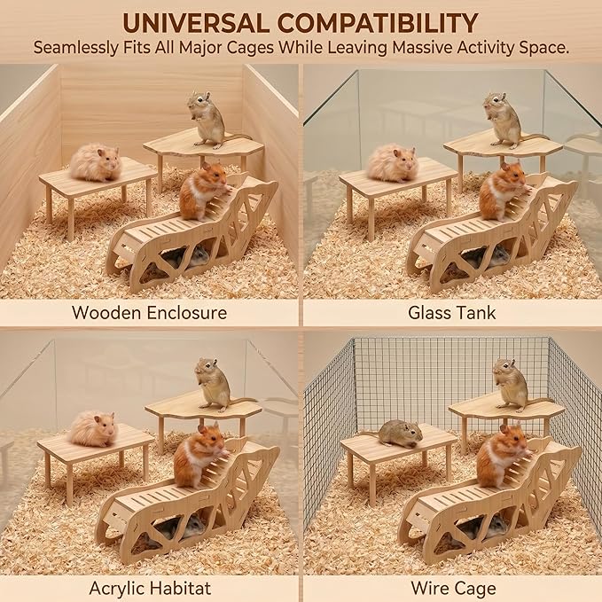 3-Piece Wooden Hamster Platform Set & Tunnel Hideout, Enrichment Natural Wood Hamster Cage Accessories, Climbing Toys & Hides for Syrian, Dwarf, Gerbil, Mice, Habitat Essentials & Decor