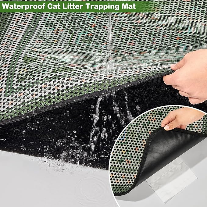 Bienbee Cat Litter Mat, 46"x27" Jumbo Litter Mat Double Layer Litter Trapping Mat,Reduces Tracking and Keeps Floors Clean,Bean-Green Retro Floral XL