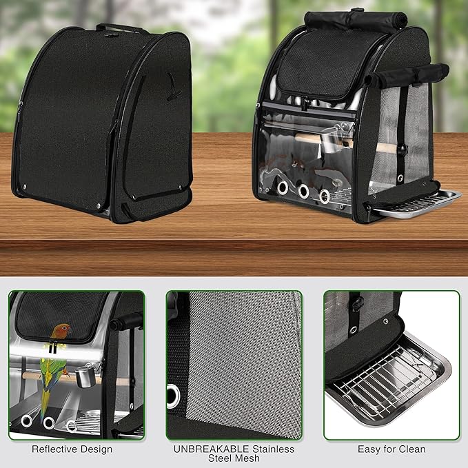 Bird Carrier Bag with Indestructible Stainless Steel Mesh, Bird Travel Cage with Stand, Easy to Clean Backpack for Parrot, Portable Bird Travel Bag, Black