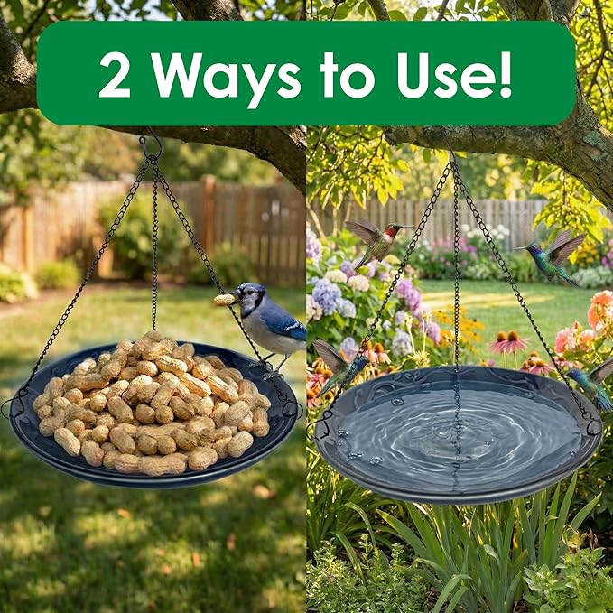 Blue Ceramic Bird Bath Bowl - Hanging Bird Baths for Outdoors - 12-Inch Glazed Ceramic Bowl with Embossed Bluebird & Flower Design - Metal Chain & Hook