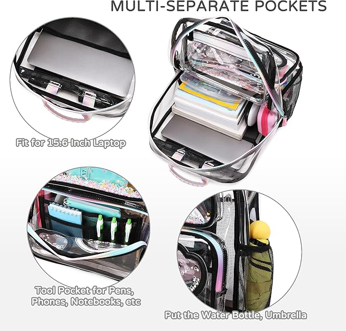 Clear Backpack for Girls,Clear Bookbag Heavy Duty Transparent Backpacks for Stadium Events, See Through Back Pack for Kindergarten Elementary Middle High School (Black)