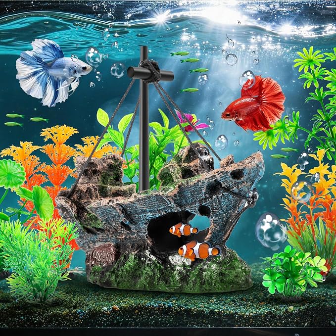 CousDUoBe 8 Pack Fish Tank Decoration Set Aquarium Accessories，Sunken Ship Decoration Aquarium Plants — Safe Resin Fish Tank Decor for Betta, Shrimp (5.3 x 2.5 x 4.5 inches)