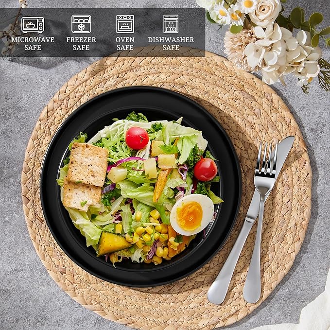 E-far Pasta Bowls Set of 4, 35oz Large Salad Bowl Plate for Dinner Serving Soup, Wide & Shallow Ceramic Stoneware Pasta Plates, Microwave & Dishwasher Safe, Reactive Glaze Texture-Stripe, Matte Black