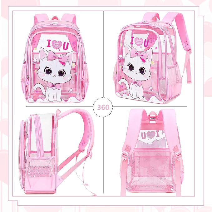 AO ALI VICTORY Clear Backpack for School,PVC Transparent Kids Bookbag for Girls Boys Cute Toddler Back Pack Kindergarten Elementary Schoolbag Stadium Approved See Through Backpacks,Pink Cat