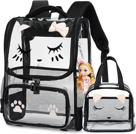 AO ALI VICTORY clear backpack Girls with Tote Bag Heavy Duty PVC Transparent Cute Backpack for Kids Toddler Preschool Bookbags Elementary School Bags See Through Casual Travel Daypack, Balck Set