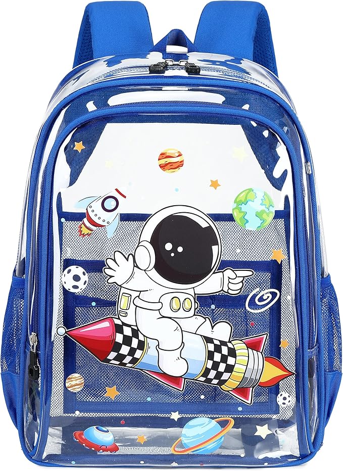 AO ALI VICTORY Clear Backpack for School,PVC Transparent Kids Bookbag for Girls Boys Cute Toddler Back Pack Kindergarten Elementary Schoolbag Stadium Approved See Through Backpacks,Blue Astronaut