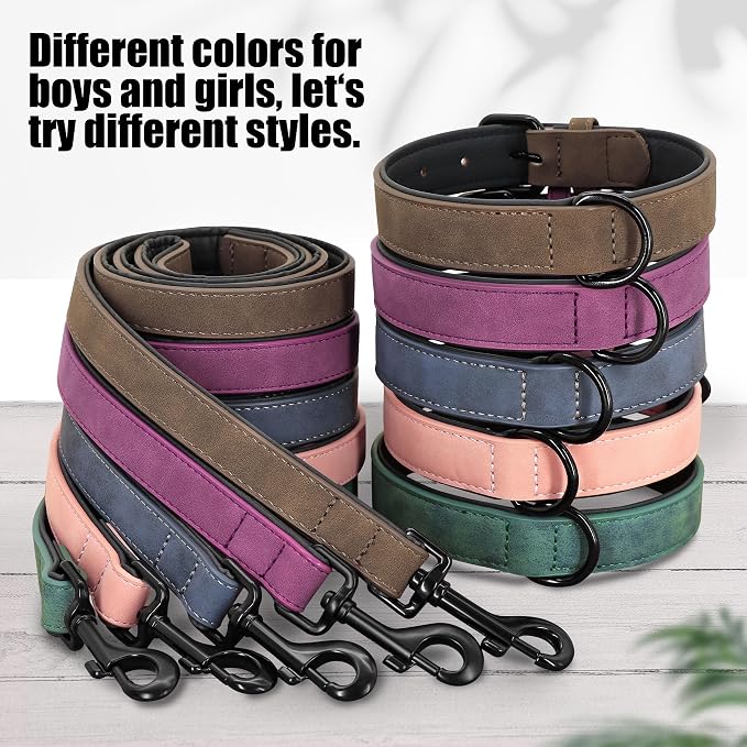 Didog Soft Padded Leather Dog Collar and Leash Set, Adjustable and Breathable Pet Collars with 4FT PU Leather Dog Leash for Small Medium Large Dogs, Green, XL