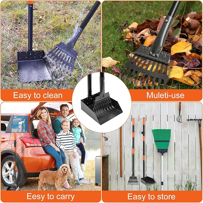 Pooper Scooper, Dog Pooper Scooper Tray and Rake Set with Adjustable Stainless Steel Long Handle for Large Medium Small Dogs