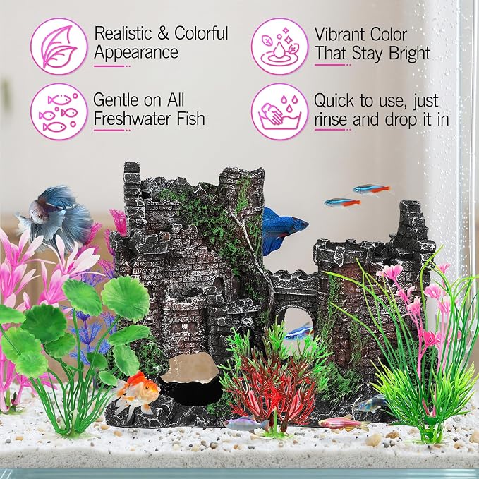 MyLifeUNIT 6 Pieces Fish Tank Decor & Plants for Betta Hide Play Rest | Medieval Ruin Castle, 5 Colorful Aquarium Plants, Resin & Soft Plastic, Weighted Bases, Fits 5-15 Gal Tanks