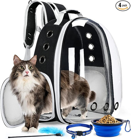 Cat Backpack Carrier with Collapsable Dog Bowl, Cat Collar & Interactive Cat Toy (4 Pcs Set)- Airline Approved Cat Carrier Bag for Medium Dogs & Cats, Animal Carrier Backpacks, Pet Backpack |Black