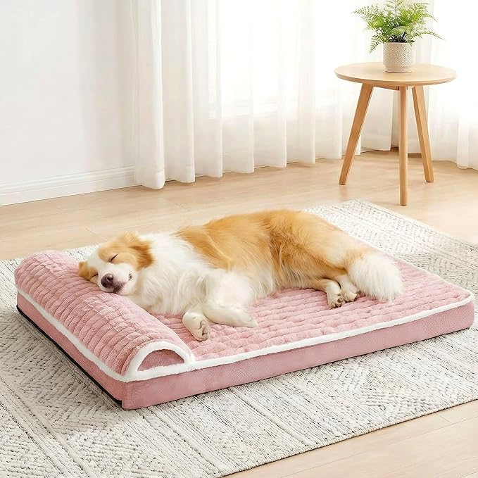Orthopedic Dog Bed Large Sized Dog with Pillow 36''X24'', Waterproof Soft Comfortable Egg Crate Foam Pet Crate Beds Mat with Removable Washable Cover and Non-Slip Bottom, Pink