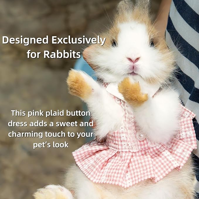 SMOLKITH Rabbit Clothes - Bunny Adjustable Pink Checkered Dress with Leash, Small Animal Apparel for Walking - Fits Guinea Pigs, Chinchillas, Meerkats, Prairie Dogs, Pet Rats and More