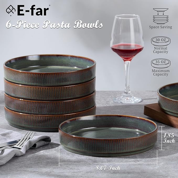 E-far Pasta Bowls Set of 6, 35oz Large Salad Bowl Plate for Dinner Serving, Wide & Shallow Ceramic Stoneware Pasta Plates, Microwave & Dishwasher Safe, Reactive Glaze Textured Stripes, Blackish Green