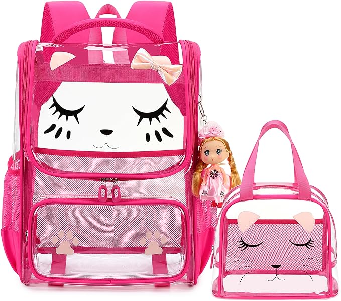 AO ALI VICTORY clear backpack Girls with Tote Bag Heavy Duty PVC Transparent Cute Backpack for Kids Toddler Preschool Bookbags Elementary School Bags See Through Casual Travel Daypack, Rose Red Set