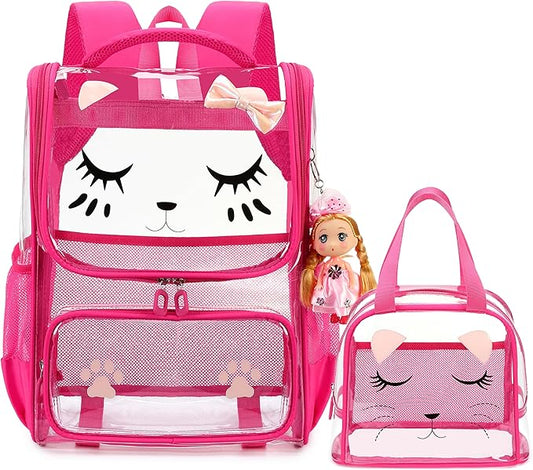 AO ALI VICTORY clear backpack Girls with Tote Bag Heavy Duty PVC Transparent Cute Backpack for Kids Toddler Preschool Bookbags Elementary School Bags See Through Casual Travel Daypack, Rose Red Set