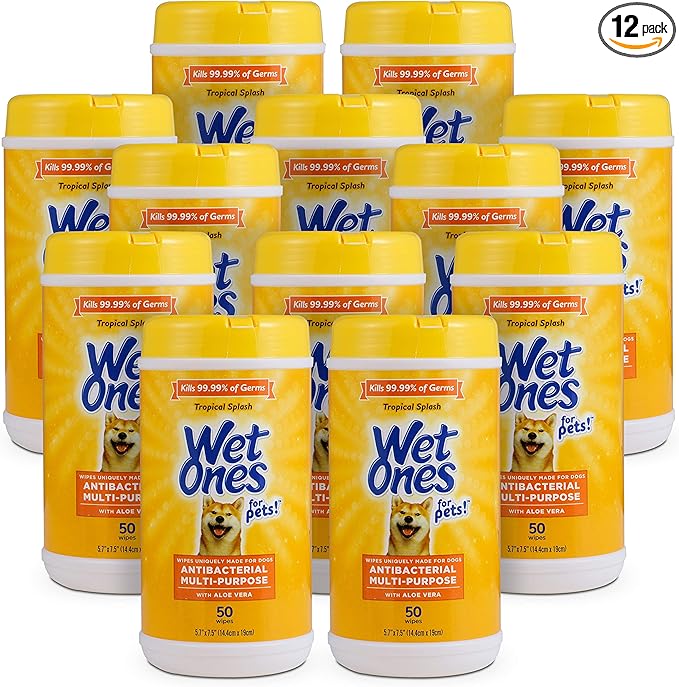 Wet Ones for Pets Antibacterial Dog Wipes, Multi-Purpose Grooming Wipes with Aloe Vera for Paws, Face & Body, Easy Cleanups Between Baths, Tropical Splash Scent, 5.7 in x 7.5 in, 50 Count - 12 Pack