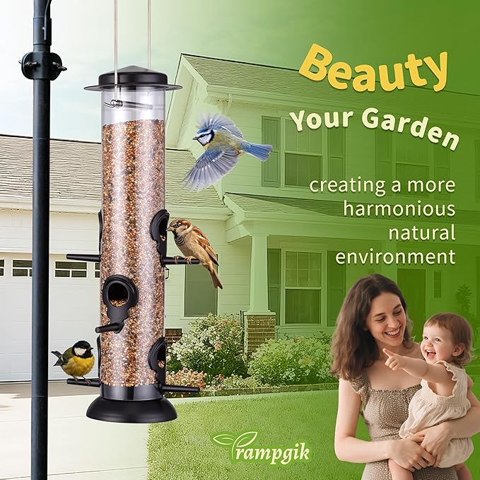 Metal Tube Bird Feeders for Outdoors Hanging,Finch Feeders for Outside,Chew-Proof Hanging Birdfeeder,Squirrel-Proof 6 Ports Bird Feeder 13 Inch,Anti-Rust,Black,1 Pack(Seed is not Included)