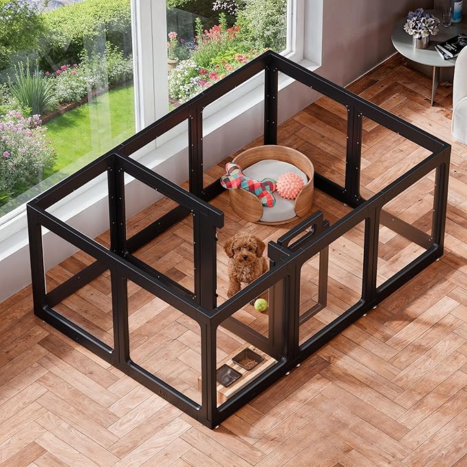 Transparent Indoor Dog Playpen with Safety Lock, Indoor Dog Fence for Small & Medium Pets | Secure, Stylish, Easy Clean Play Pen for Dogs & Pets with Scratch Resistant Panels (Black, 12 Panels)