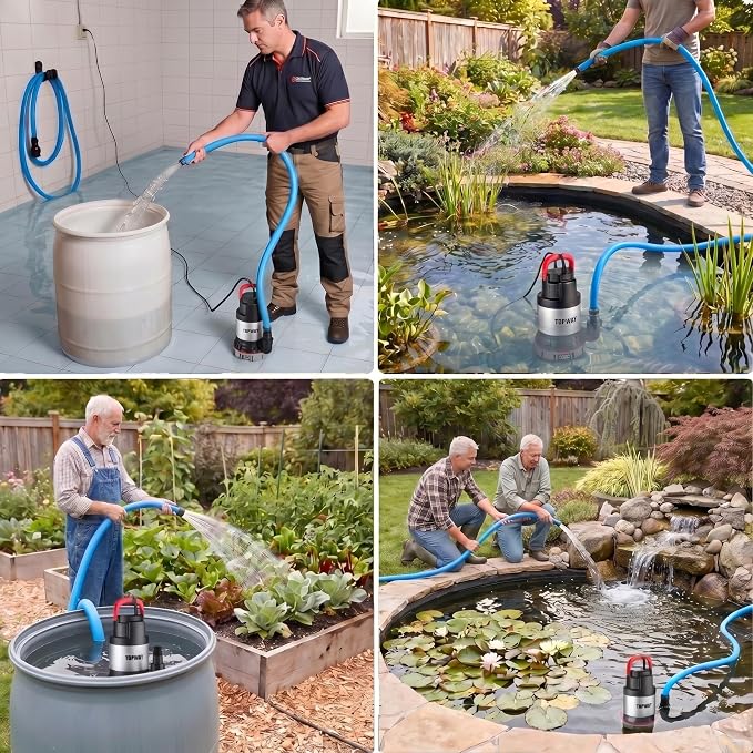 TOPWAY Submersible Water Pump, 1-1/4 HP 4600 GPH Stainless Steel Sump Pump with Filter Base, Electric Portable Water Pump with 16.4ft Cord for Swimming Pool, Hot Tub, Garden Pond, Basement Draining