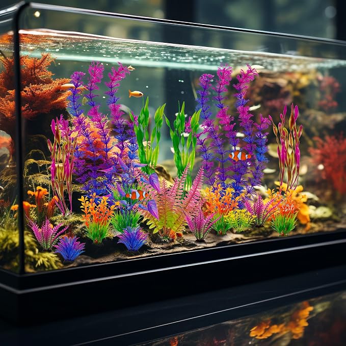 Ameliade Artificial Aquarium Plastic Plants Fish Tank Decorations, 25PCS | Large Colorful Aquarium Decor, Betta Goldfish Tank Accessories, Fish Bowl Tall Ornaments