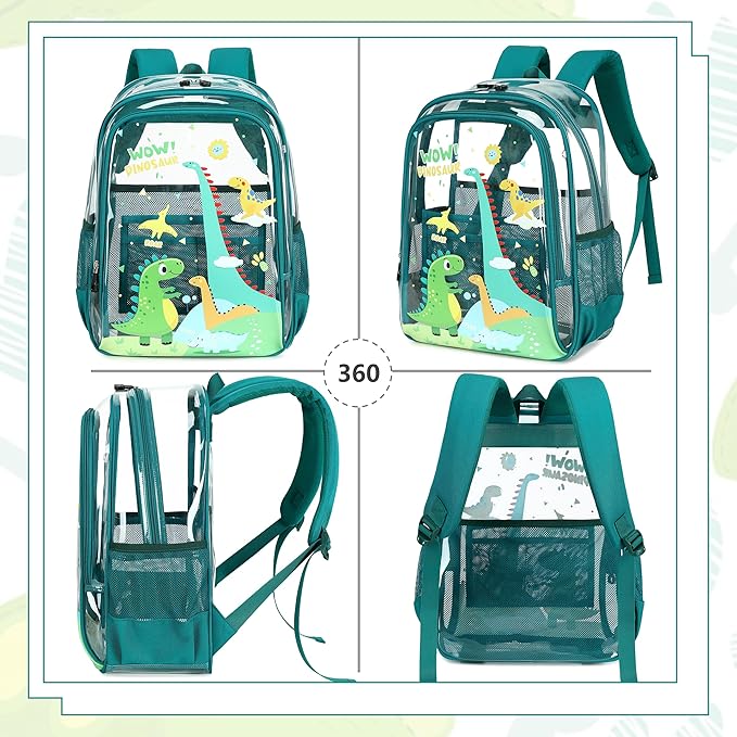 AO ALI VICTORY Clear Backpack for Boys Girls,15.6 Inch Kids Clear Backpack Set with Lunch Bag Pencil Case PVC Elementary Bookbag School Student See Through Transparent Travel Back Pack,Green Dinosaur