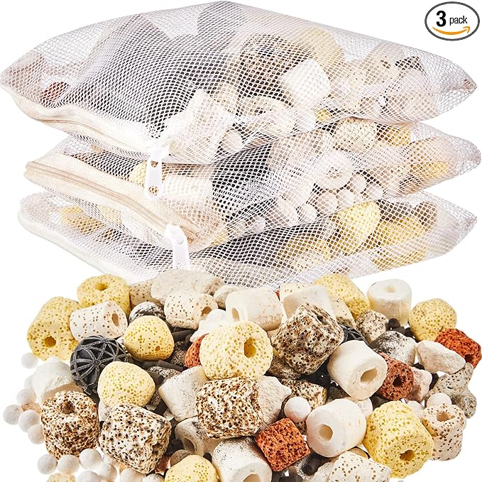 Timgle 3 Bags Aquarium Filter Media Bio Balls Ceramic Rings Set 1500 g Total 3.3 lb 12 in 1 with Mesh Bag Ceramic Rings for Aquarium Filter Pond and Fish Tank Accessories Decorations