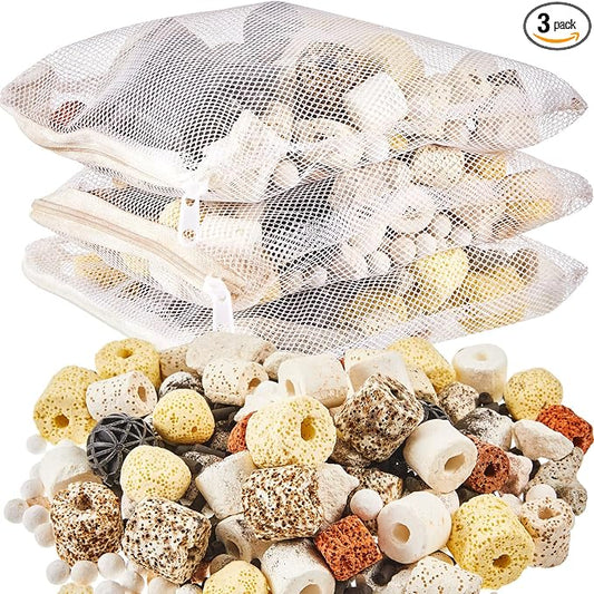 Timgle 3 Bags Aquarium Filter Media Bio Balls Ceramic Rings Set 1500 g Total 3.3 lb 12 in 1 with Mesh Bag Ceramic Rings for Aquarium Filter Pond and Fish Tank Accessories Decorations