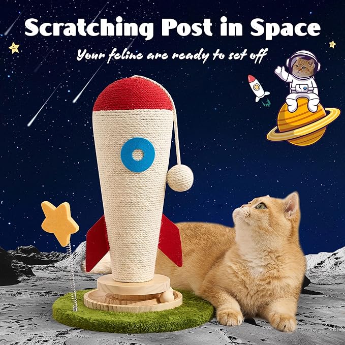 Cat Scratching Post, Rocket Cute Sisal Cat Scratcher with Durable Solid Wood Turntable Toy, Cat Scratch Post Red Cat Scratcher with Spinning Star Toy for Indoor Adult Cats