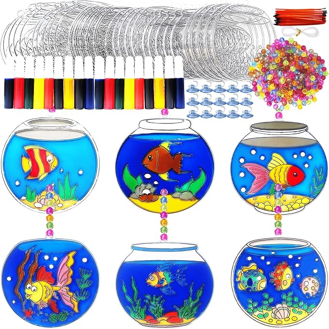Ayhuhra 30 Set Fishbowl Suncatcher Craft Kits, Sea Animal Fish Tank Art | Under the sea crafts for summer parties, beach decor, ocean themes, aquatic art projects, and sunny window displays