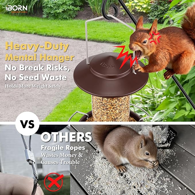 iBorn Bird Feeder Metal Squirrel Chew-Proof Bird Feeders for Outdoors Hanging for Cardinal Outside, Holds 1.5LB Seed with 3 Perchs, Bronze (Seed is not Included)