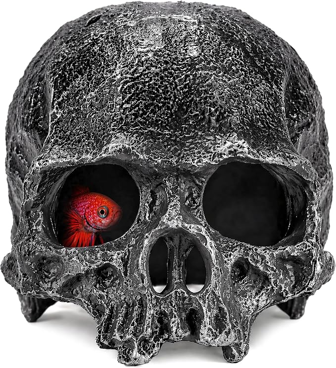 Skull Terrarium Decor Reptile Hideout for Tank (Black) | Realistic Resin Skull Hideouts,Decorative Skeleton Head Caves for Betta Fish Juvenile Ball Python Gecko Tarantula