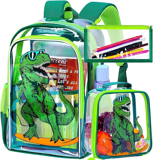 AGSDON 3PCS Clear Backpack for Boys, 16" Dinosaur Transparent Bookbag Heavy Duty, See Through Backpacks with Lunch Bag- Green Dinosaur