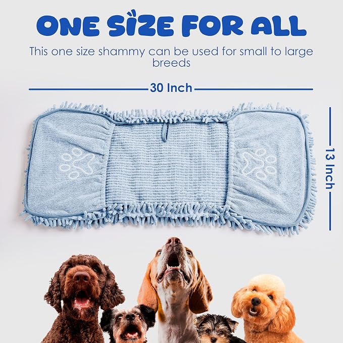 Microfiber Dog Towel, Blue | Fast Drying, Super Absorbent, Hand Pockets, For Large & Small Dogs, Soft Durable
