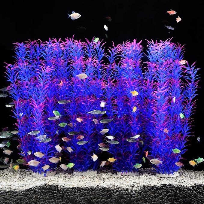 JIHAQUA 4 Pack Aquarium Decor Plastic Plants Extra Large 21 Inch, Purple | Tall Fish Tank Decorations