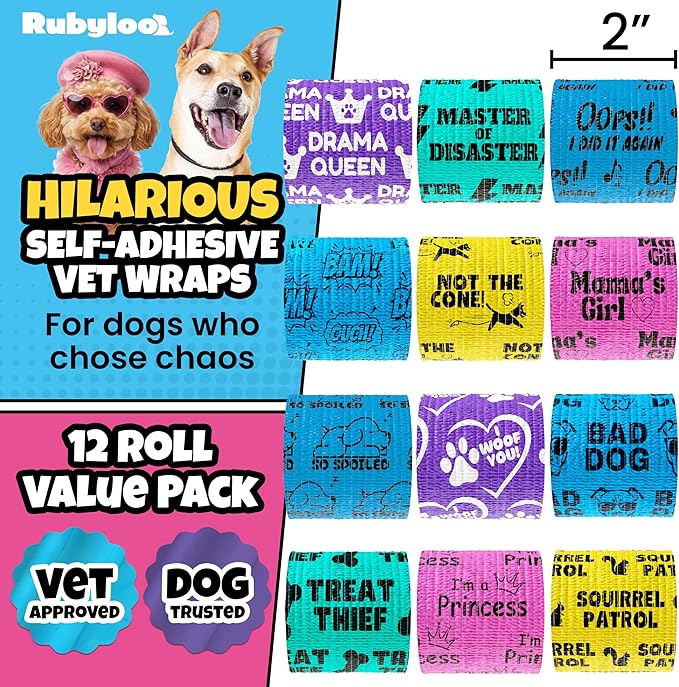 rubyloo Vet Wrap for Dogs – Funny Dog Bandage for Wounds - 12 Pack of 2" Self-Adhesive Vet Tape - Breathable Pet Wrap Bandage for Hot Spots & Injuries, Dog First Aid Kit Supplies - Oops Wraps