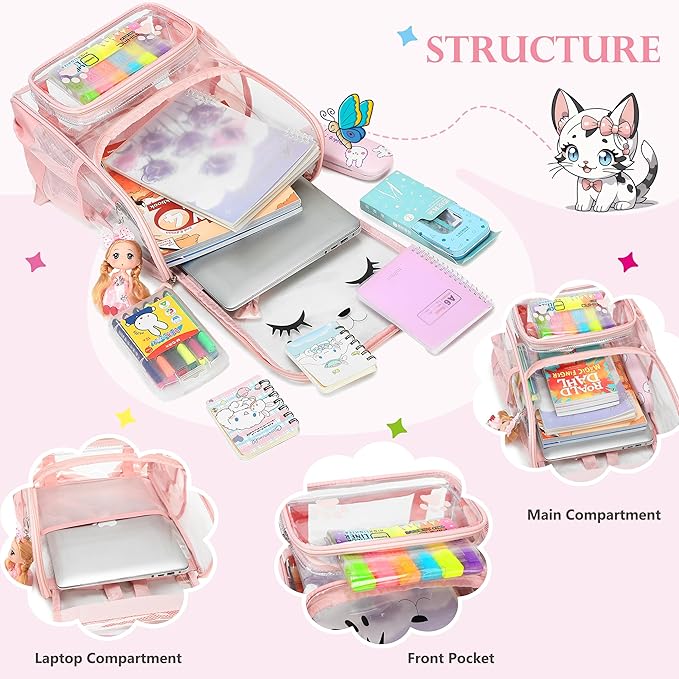 AO ALI VICTORY Clear Girls Backpacks Heavy Duty PVC Transparent Cute Backpack for Kids Toddler Girls Preschool Bookbags Elementary School Bag See Through Casual Travel Daypack, Pink