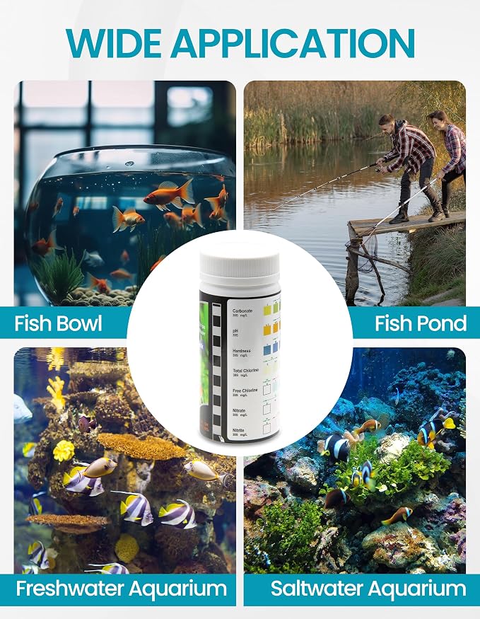 7 in 1 Aquarium Test Strips 100Pcs Fish Tank Aquariums Water Test Kit Fast & Accurate Water Testing for pH, Nitrate, Nitrite, Hardness & More Aquarium Test Strips for Fish Tank (Model DF012)