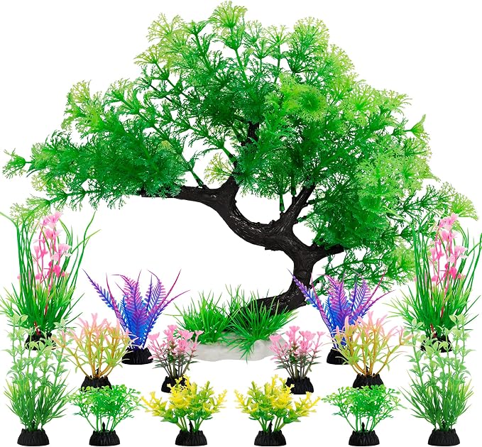 MyLifeUNIT Fish Tank Decorations, 15 Pack Artificial Aquarium Plants Tree Set for Fish Tank Decor (Green Set)