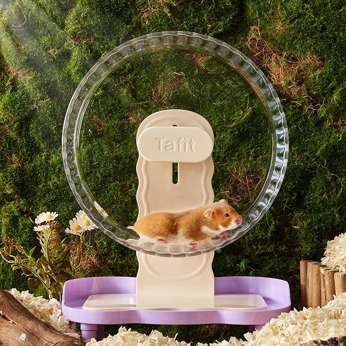 Quiet Hamster Wheel 8.7 Inch Dual-Bearings Silent Small Animals Running Exercise Wheel Height Adjustable for Syrian Hamsters, Gerbils, Rats, or Other Small Pets, Transparent