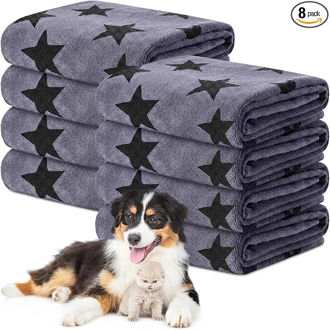 Chumia 8 Pcs Dog Towels for Drying Dogs Cats Pet Towels Bulk Puppy Microfiber Fast Drying Paw Bath Bathing Supplies Absorbent for Medium Pets (40 x 24 Inch,Star,Gray)