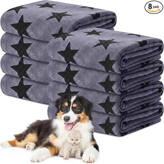 Chumia 8 Pcs Dog Towels for Drying Dogs Cats Pet Towels Bulk Puppy Microfiber Fast Drying Paw Bath Bathing Supplies Absorbent for Medium Pets (40 x 24 Inch,Star,Gray)