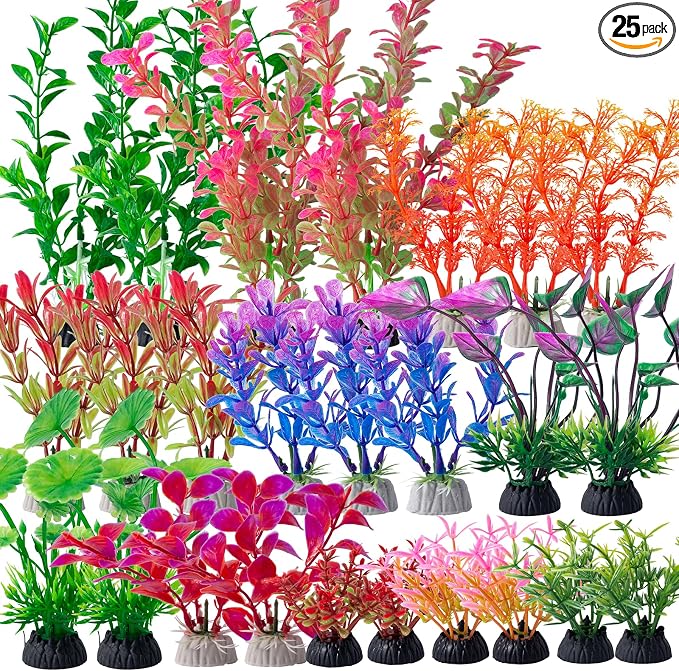25 Pack Artificial Aquarium Plants, Plastic Small Fish Tank Plants | Small Size 4 inch Approximate Height Fish Tank Decorations Home Décor Plastic Red