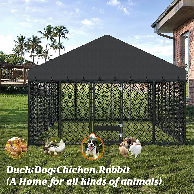 10x20FT Outdoor Dog Kennel with Roof, Extra Large Heavy Duty Metal Dog Enclosure for Multiple Dogs, Secure Playpen with Lockable Gate & Feeding Door, Weather-Resistant Fence Run