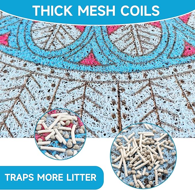 Cat Litter Mat, 24" x 16" Litter Box mat, Traps 100% Litter, Non-Slip Kitty Litter Trapping mats, Small Cute Litter mat, Easy Clean for Scatter Control, Bohe cat Food mat, Urine Waterproof