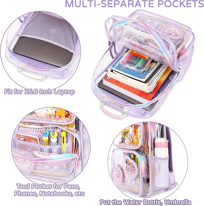 Clear Backpack for Girls,Clear Bookbag Heavy Duty Transparent Backpacks for Stadium Events, See Through Back Pack for Kindergarten Elementary Middle High School (Purple)
