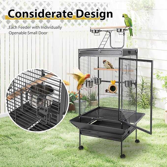 64.4" Tall Large Bird Cage, Metal Parrot Cage with Rolling Stand, Play Top & Bowls - Bird Aviary for Parrots, Parakeets, Conures, Cockatiels, Indoor Outdoor Aviary for Outside Porch Garden Yard