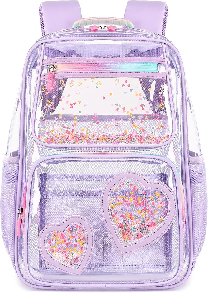 Clear Backpack for Girls,Clear Bookbag Heavy Duty Transparent Backpacks for Stadium Events, See Through Back Pack for Kindergarten Elementary Middle High School (Purple)