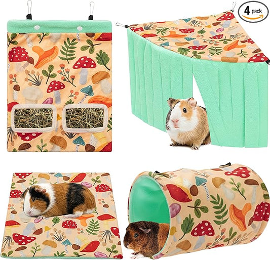 Guinea Pig Hideout, 4 Pack Fleece Cute Small Animal Tunnel & Hay Feeder Bag & Mat & Corner Hideout Cage Accessories for Guinea Pigs, Rabbit, Bunny, Ferret, Chinchilla, Hedgehogs