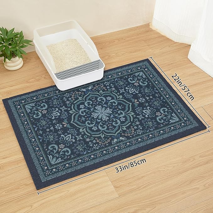 Unicorn Catcher Cat Litter Mat 33" x 22" Non-Slip Litter Box Mat Washable Litter Catcher Mat for Litter Box Indoor Food Mat Supplies Essentials,Navy Blue