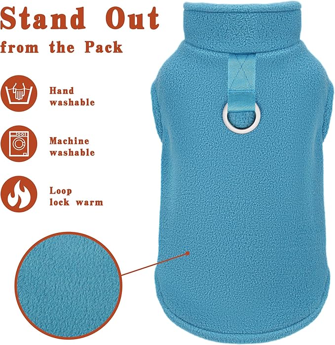 Sleeveless Pullover Fleece Vest for Small Dogs: Cozy Polyester Dog Jacket, Tank Top Sweater with Leash Ring and Armholes, Crisp, Warm, and Easy-to-Wear Design for Everyday Comfort Lake Blue M